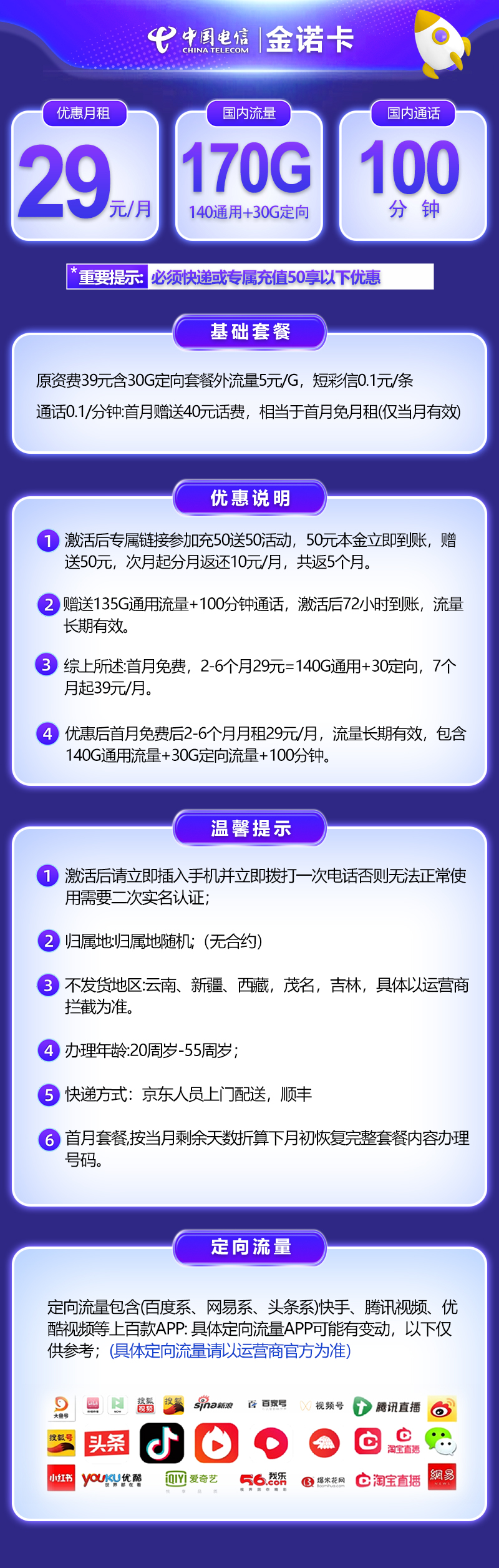 『电信金诺卡』29元流量卡170G流量+100分钟通话